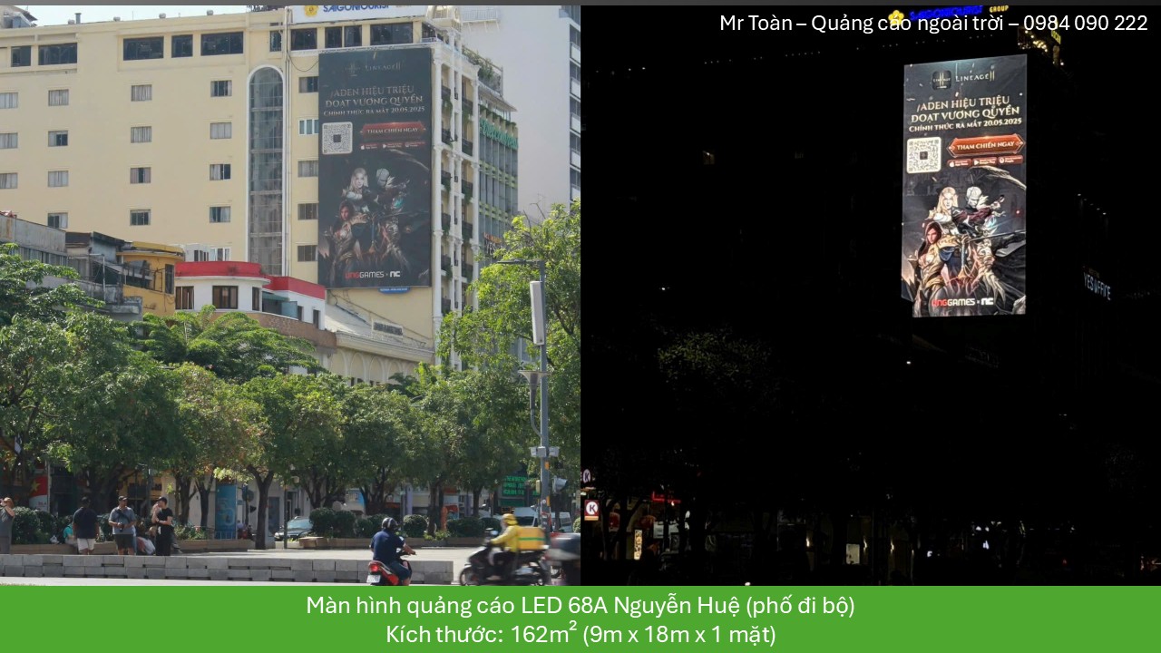Màn hình 68A Nguyễn Huệ ban ngày và ban đêm tại phố đi bộ